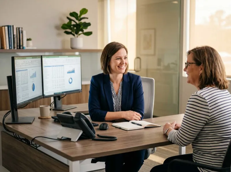 Accountant at desk with client reviewing documents