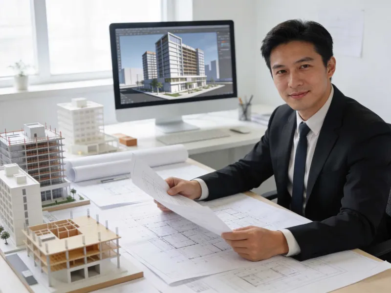 Architect reviewing blueprints