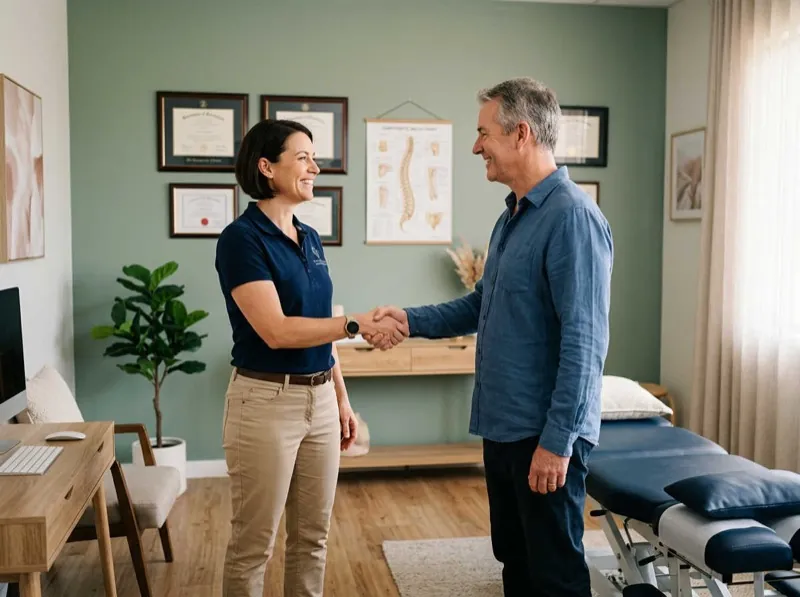 Chiropractor greeting patient at office