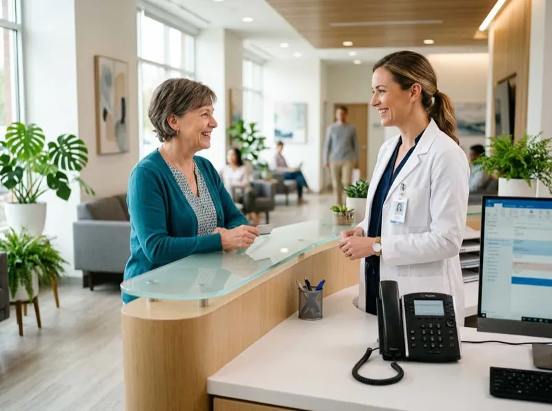 Doctor greeting patient at reception desk
