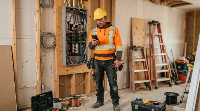 Electrician at job site checking phone for service calls
