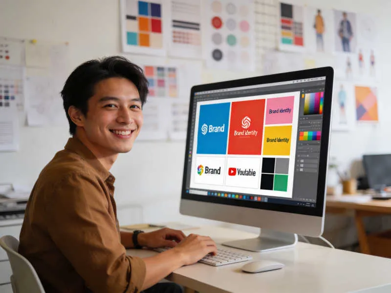 Graphic designer working at desk with design software on screen