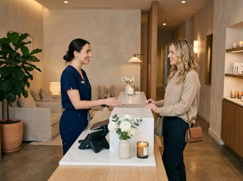 Med spa receptionist greeting clients