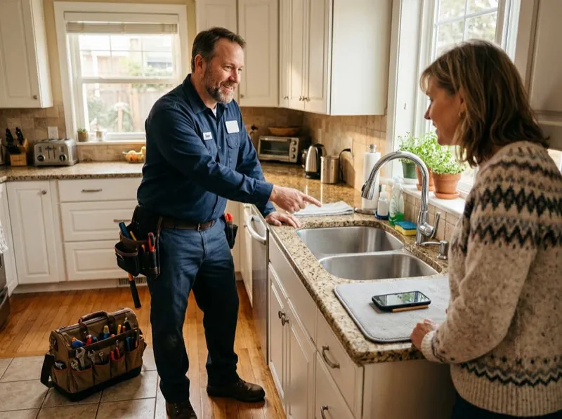Plumber at job site checking phone for service calls