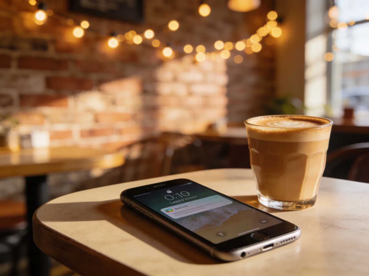 Smartphone with notification on cafe table next to latte