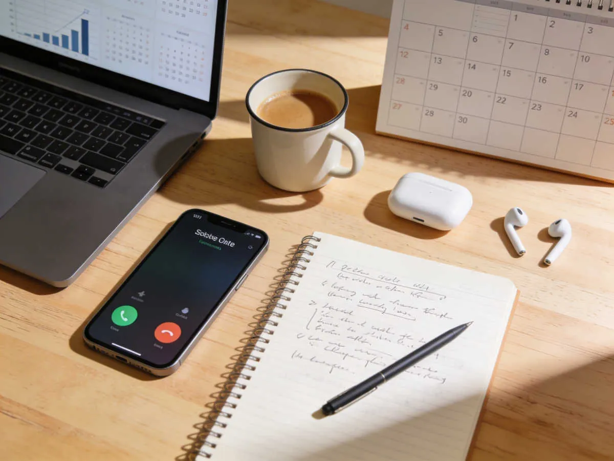 Professional desk with phone showing incoming call, laptop, notebook, and coffee